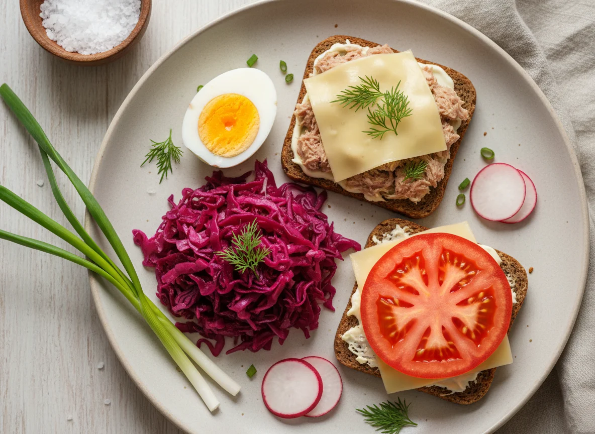 Сытный завтрак с капустой и бутербродами photo