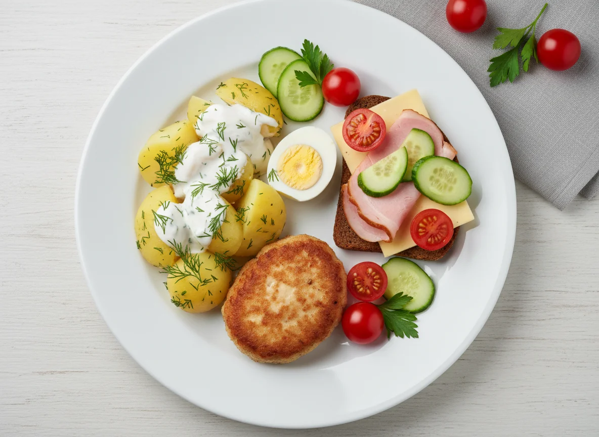 Сытный завтрак с котлетой и бутербродом photo