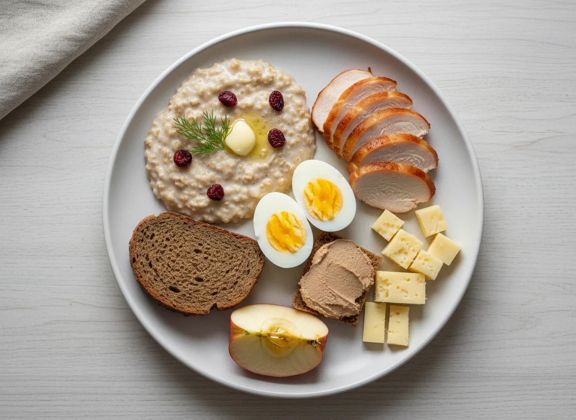 Сытный завтрак с курицей, яйцами и кашей photo