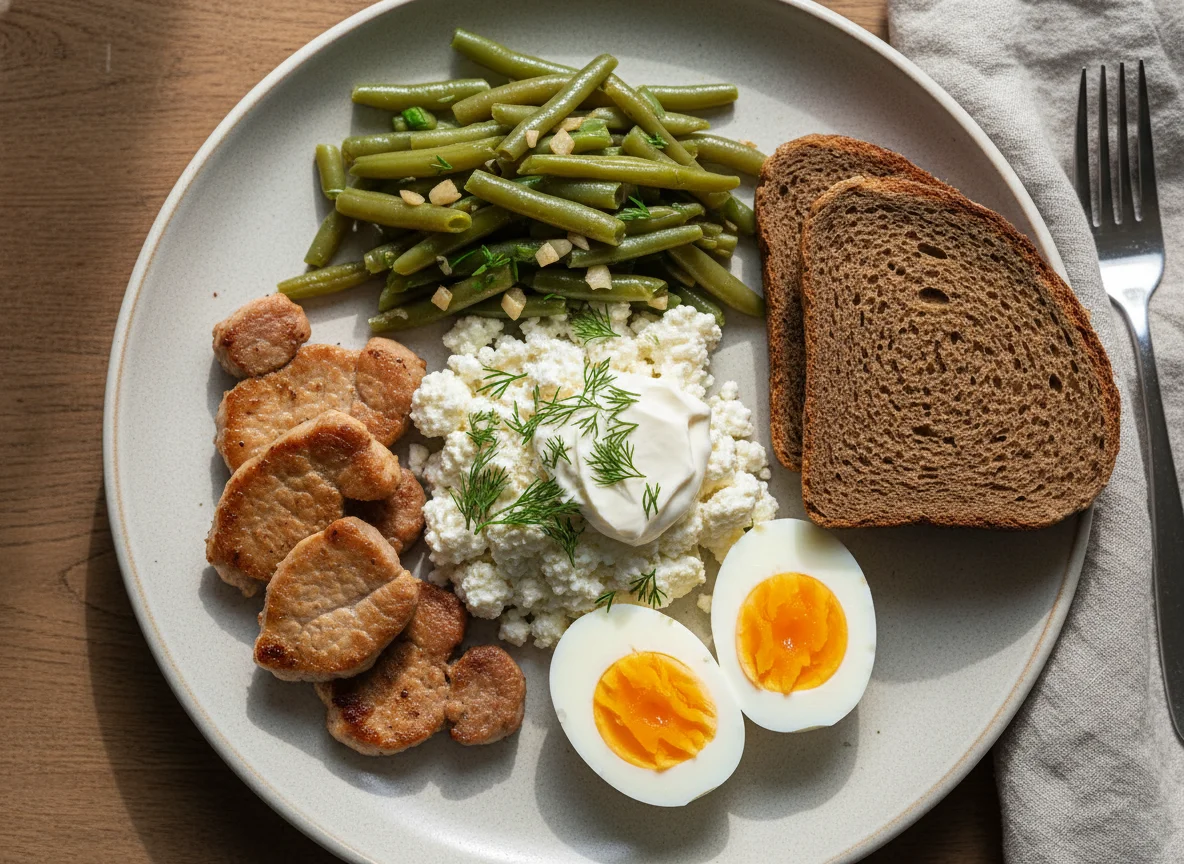 Сытный завтрак с мясом, яйцами и овощами photo