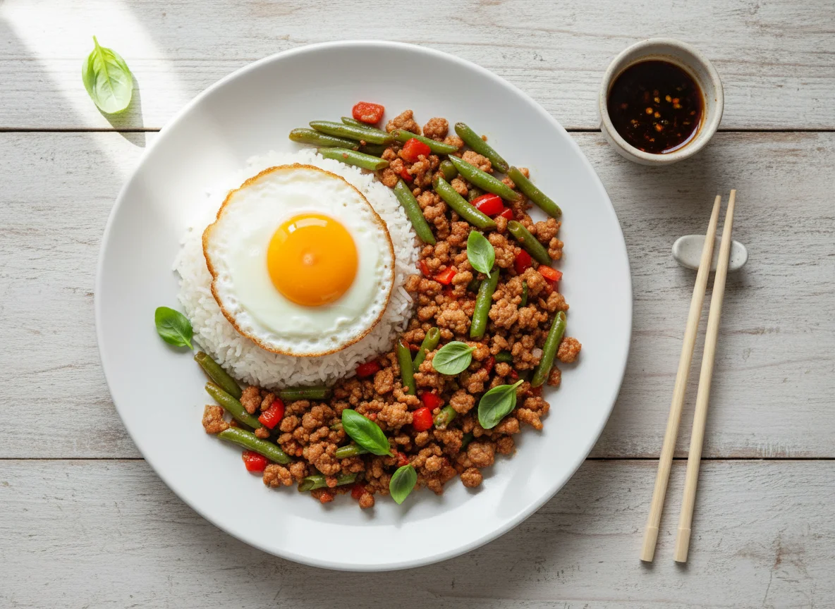 Тайский свиной рис с яйцом photo