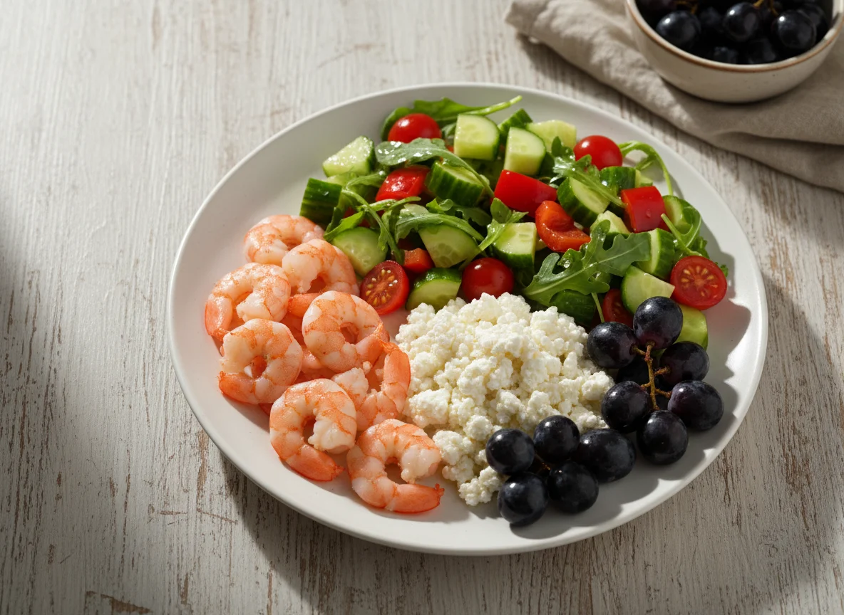 Тарелка с креветками, салатом, творогом и виноградом photo