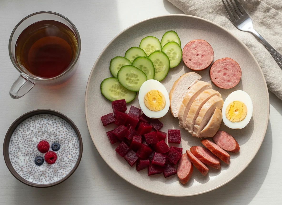 Тарелка с курицей, яйцами и овощами photo
