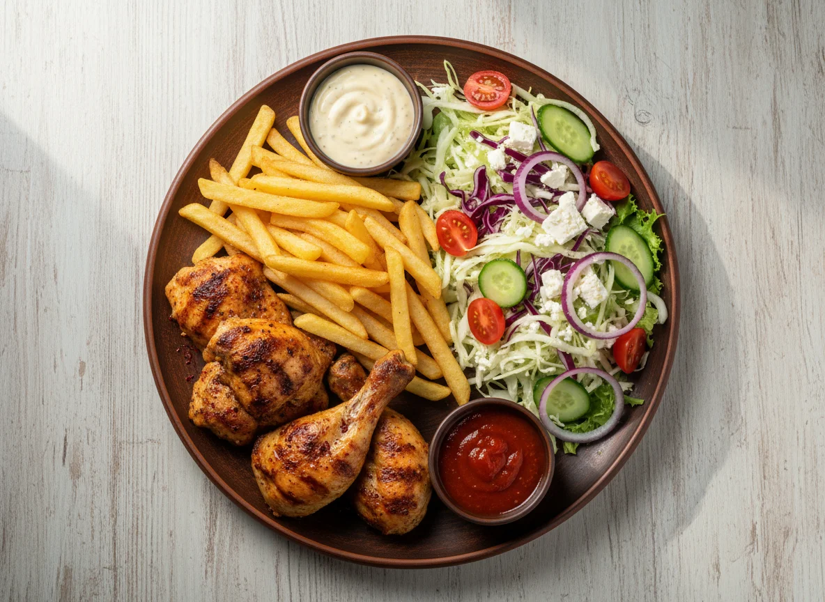 Тарелка с курицей, картофелем фри и салатом photo