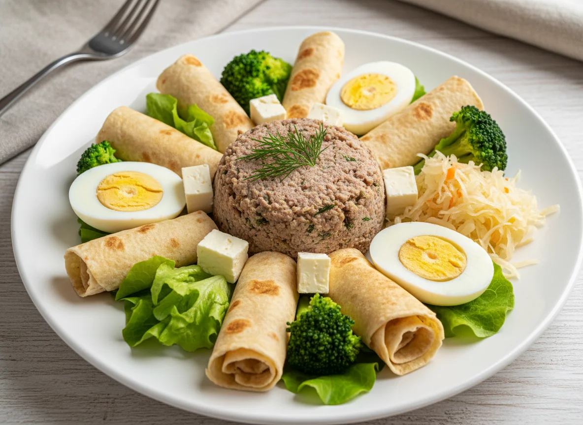 Тарелка с паштетом, овощами и яйцами photo