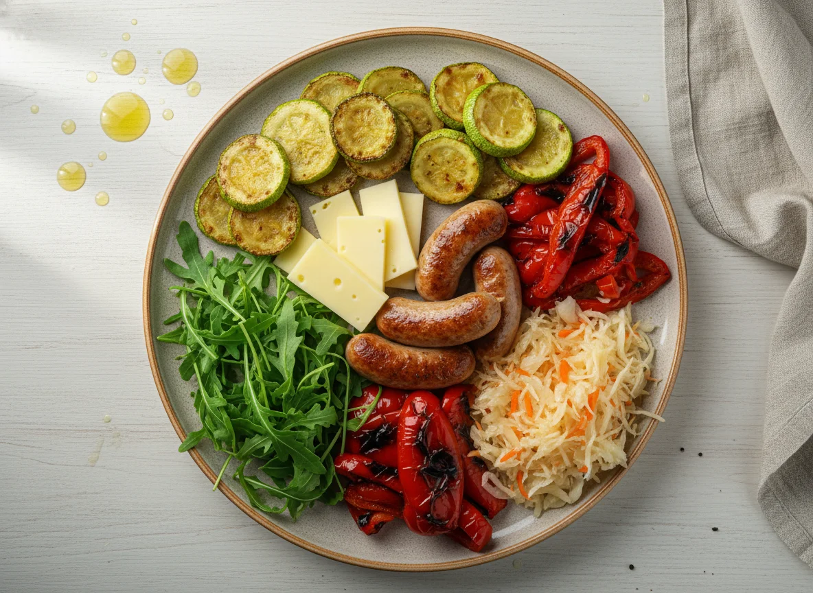 Тарелка с сыром, сосисками и овощами photo