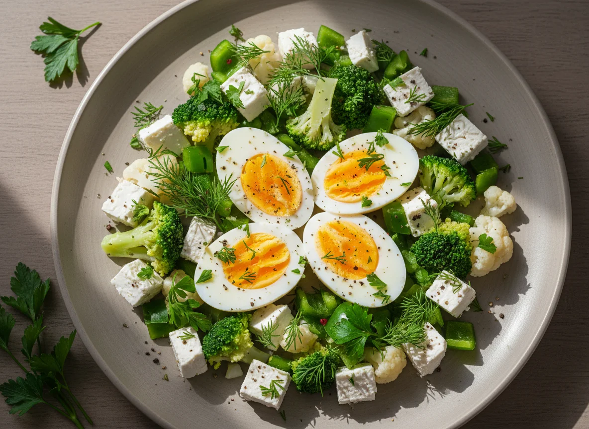 Тарелка с вареными яйцами, овощами и сыром photo