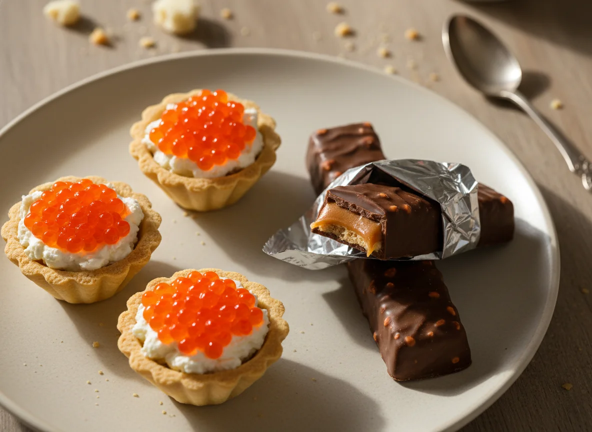 Тарталетки с красной икрой и шоколадные батончики photo