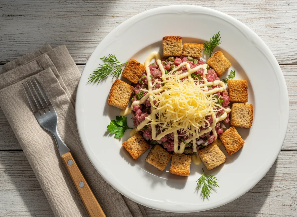 Тартар из говядины с гренками photo