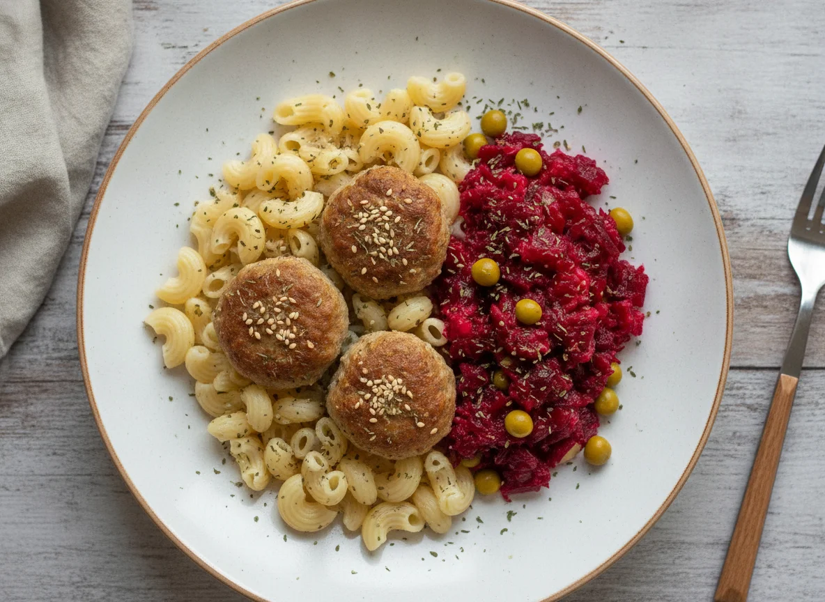 Тефтели с макаронами и свекольным салатом photo