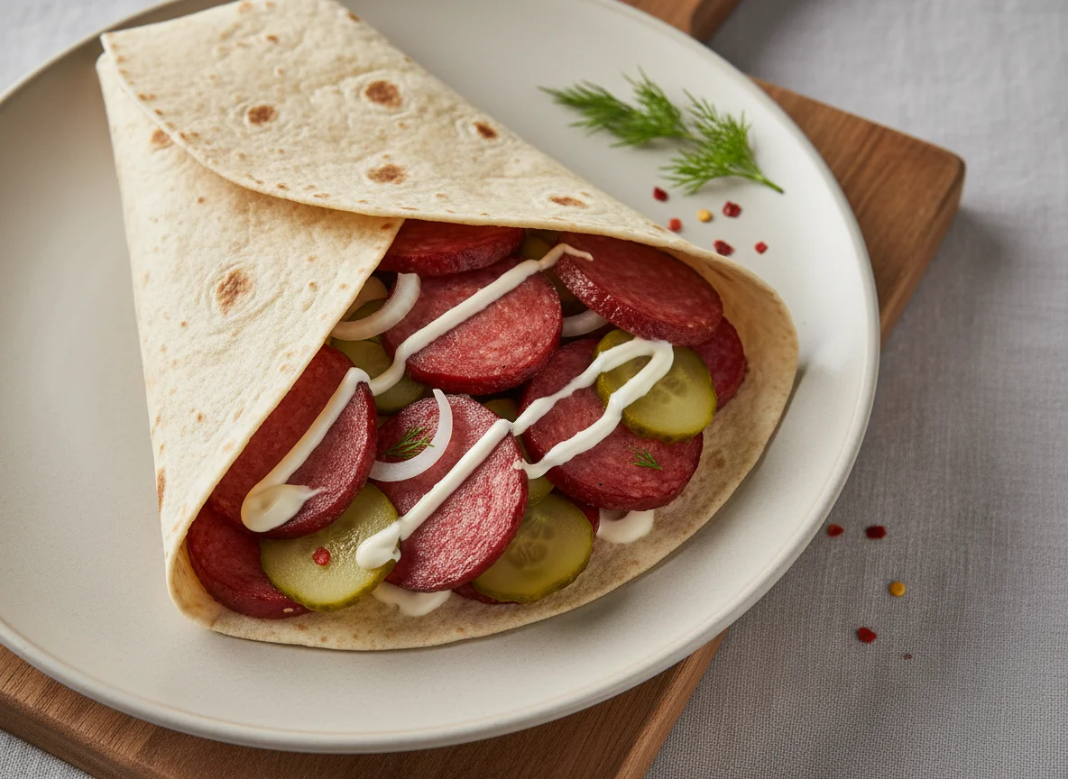 Тортилья с колбасой, огурцами и соусом photo