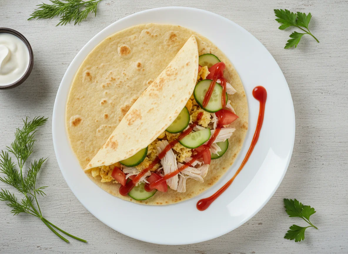 Тортилья с курицей, яйцом и овощами photo
