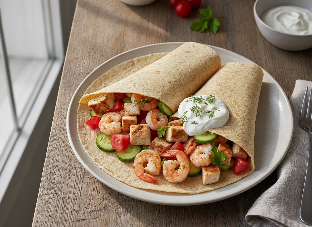 Тортилья с курицей, креветками и овощами photo