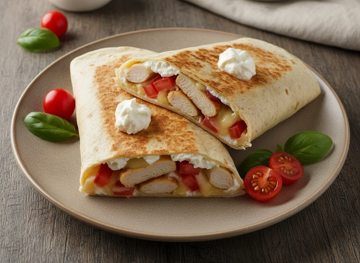 Тортилья с курицей, сыром и помидорами photo