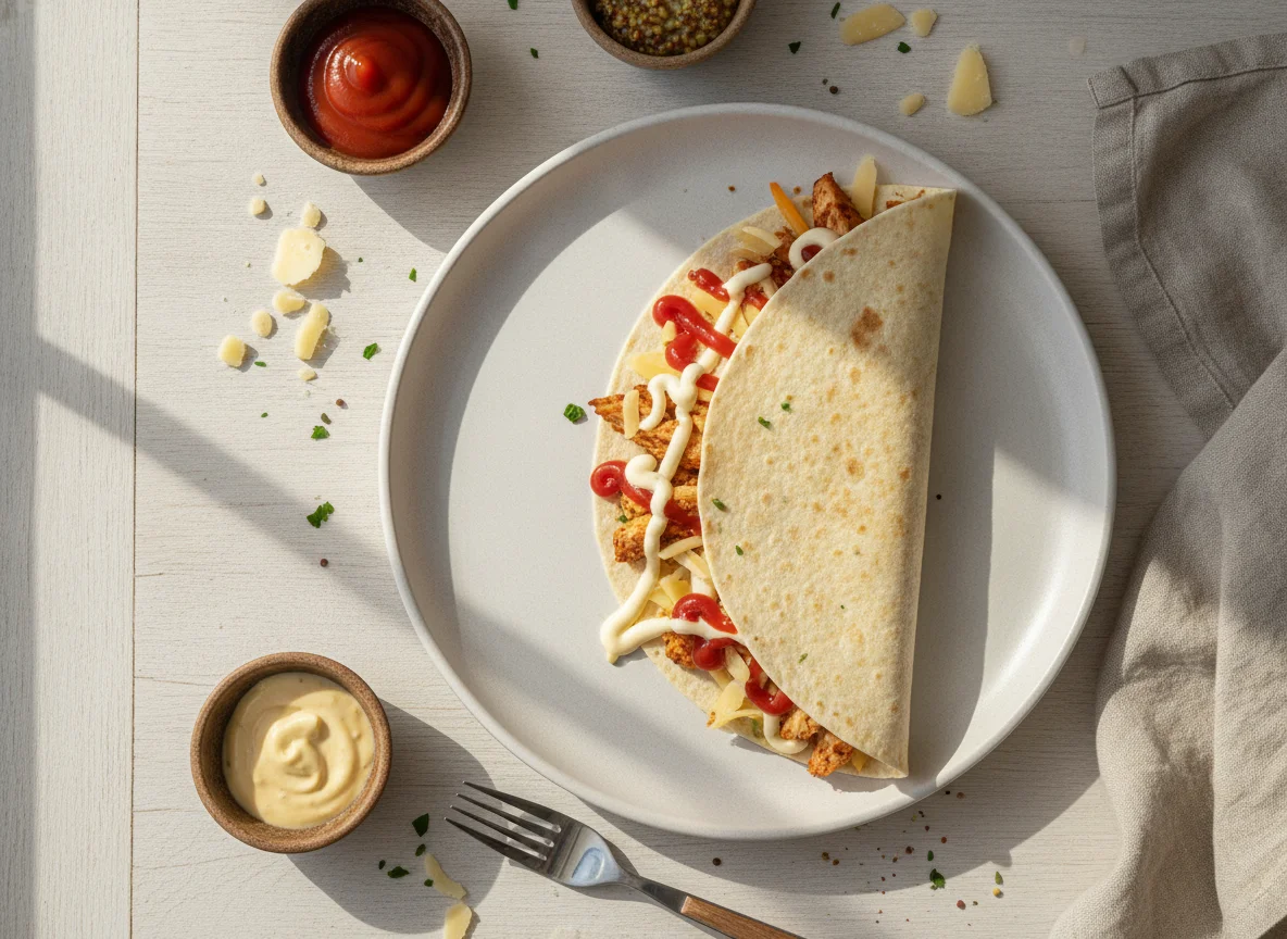 Тортилья с курицей, сыром и соусами photo