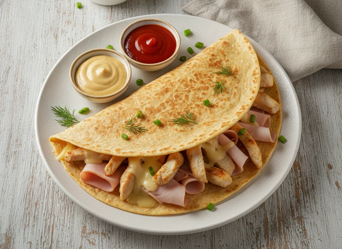 Тортилья с курицей, ветчиной и сыром photo