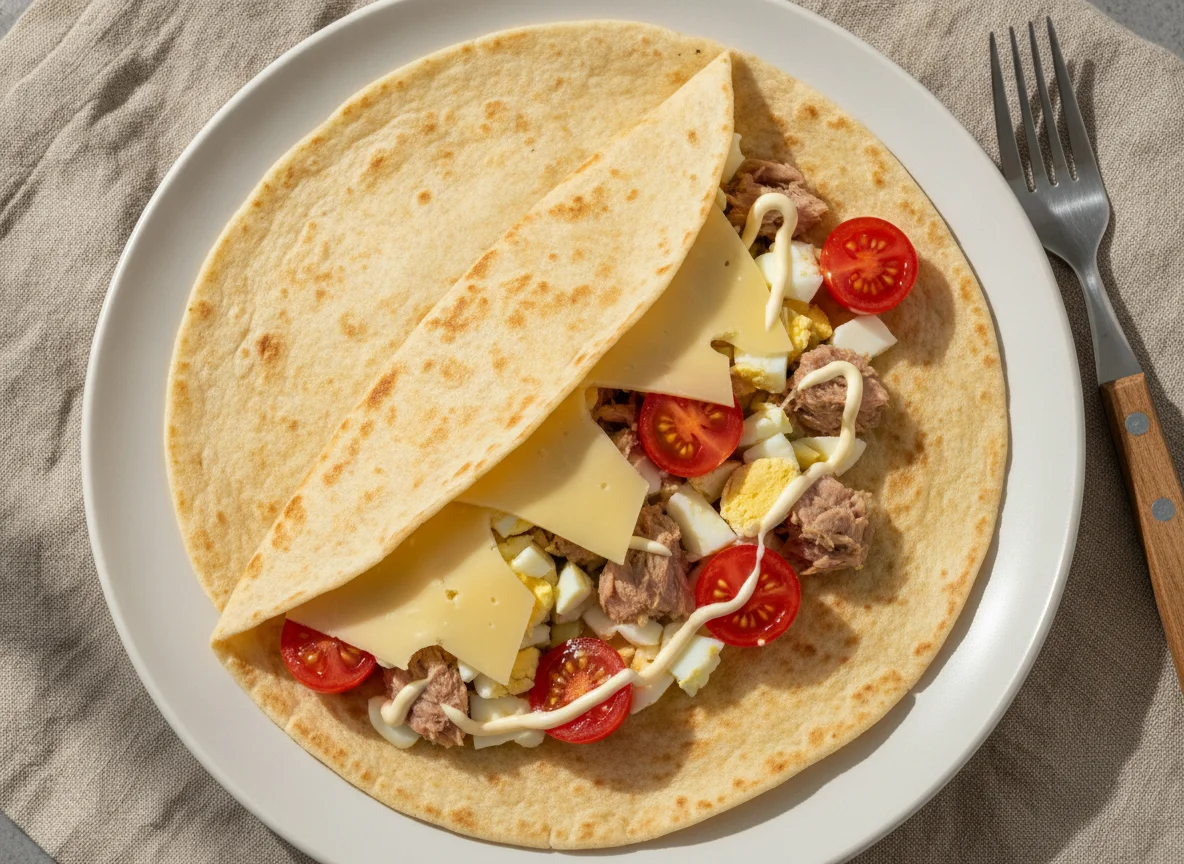 Тортилья с сыром, яйцом, тунцом и помидорами photo