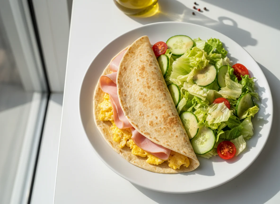 Тортилья с ветчиной и яичницей, салат photo