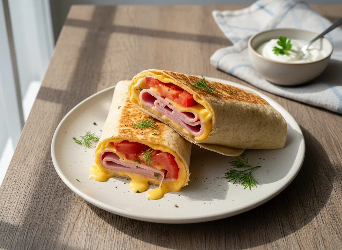 Тортилья с ветчиной, сыром и помидорами photo