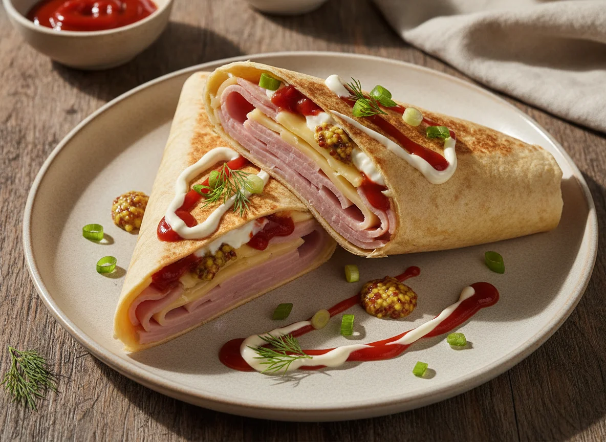 Тортилья с ветчиной, сыром и соусами photo