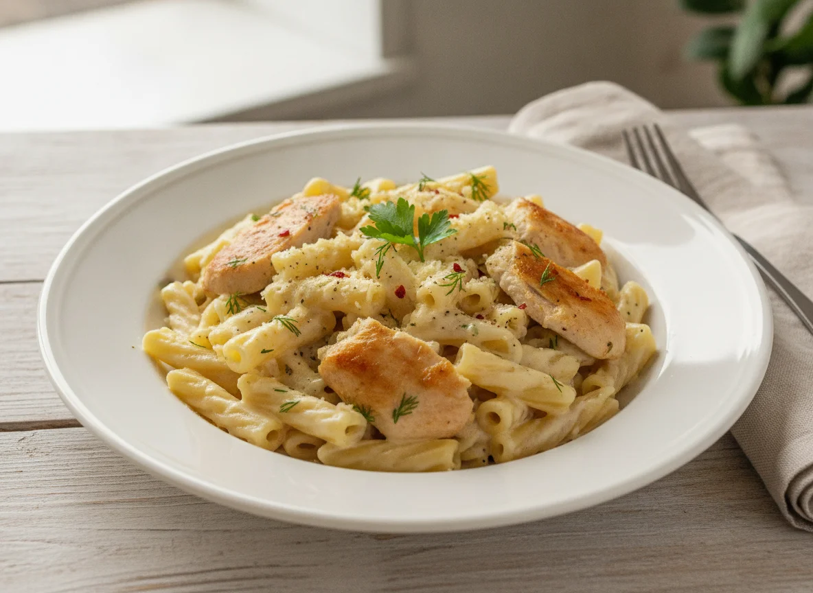 Тортильони с куриной грудкой и сливочно-сырным соусом photo