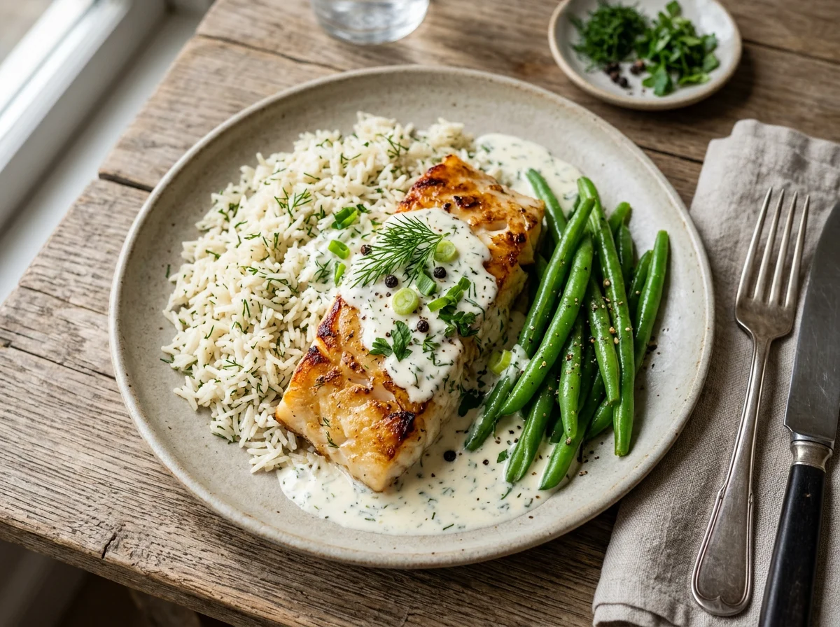 Треска с рисом и зеленой фасолью photo