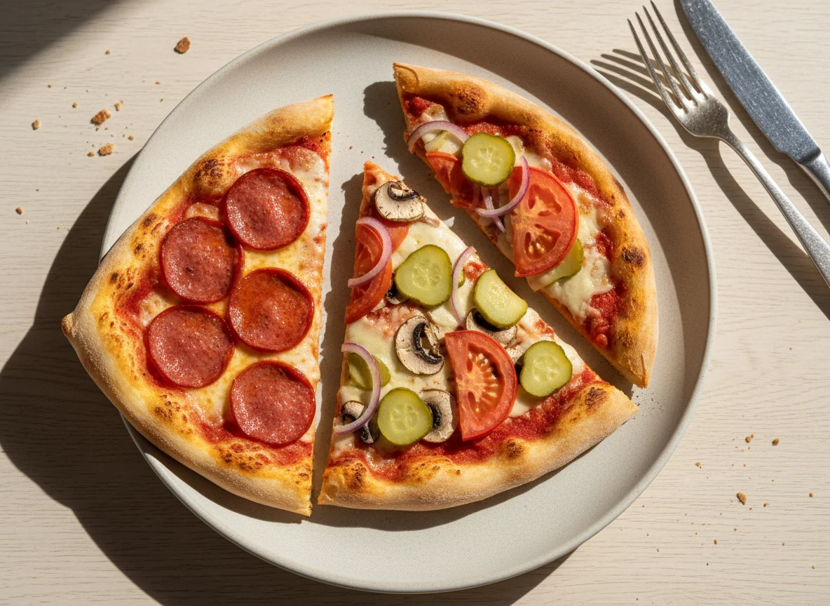 Три куска пиццы с разными начинками photo