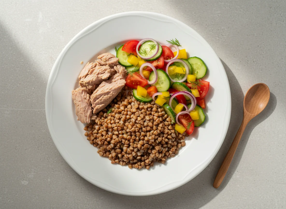 Тунец с гречкой и овощным салатом photo