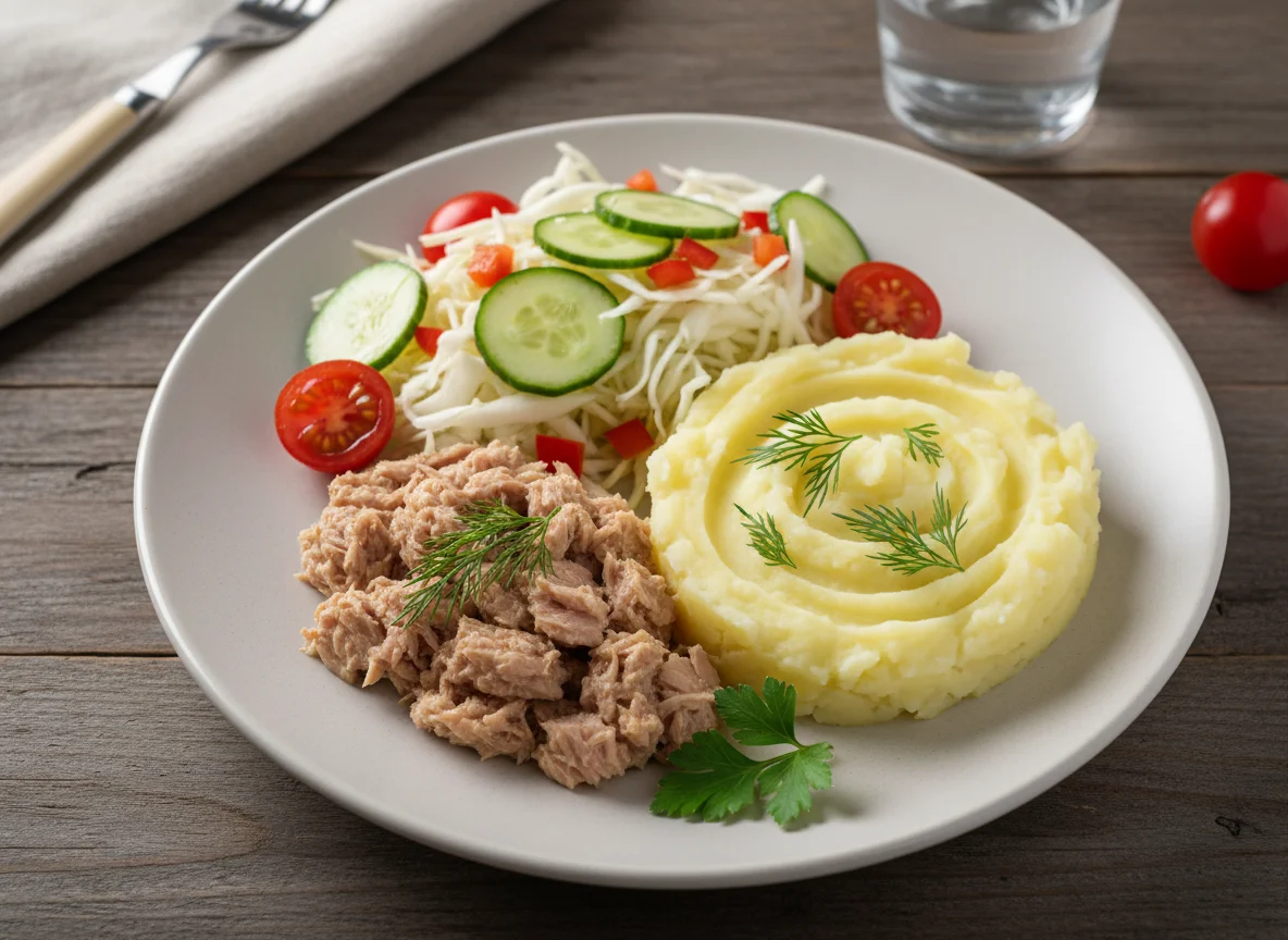Тунец с картофельным пюре и овощным салатом photo