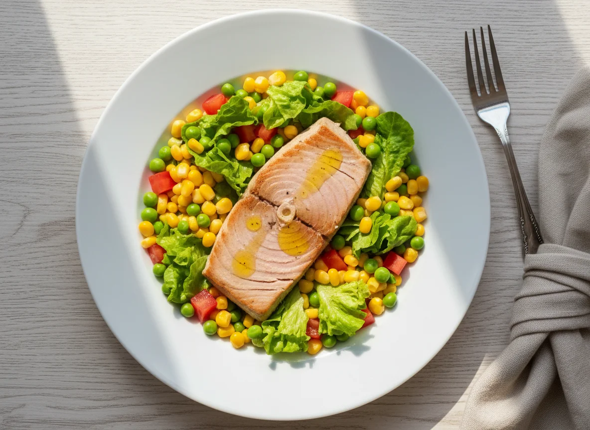 Тунец с кукурузой и овощами photo