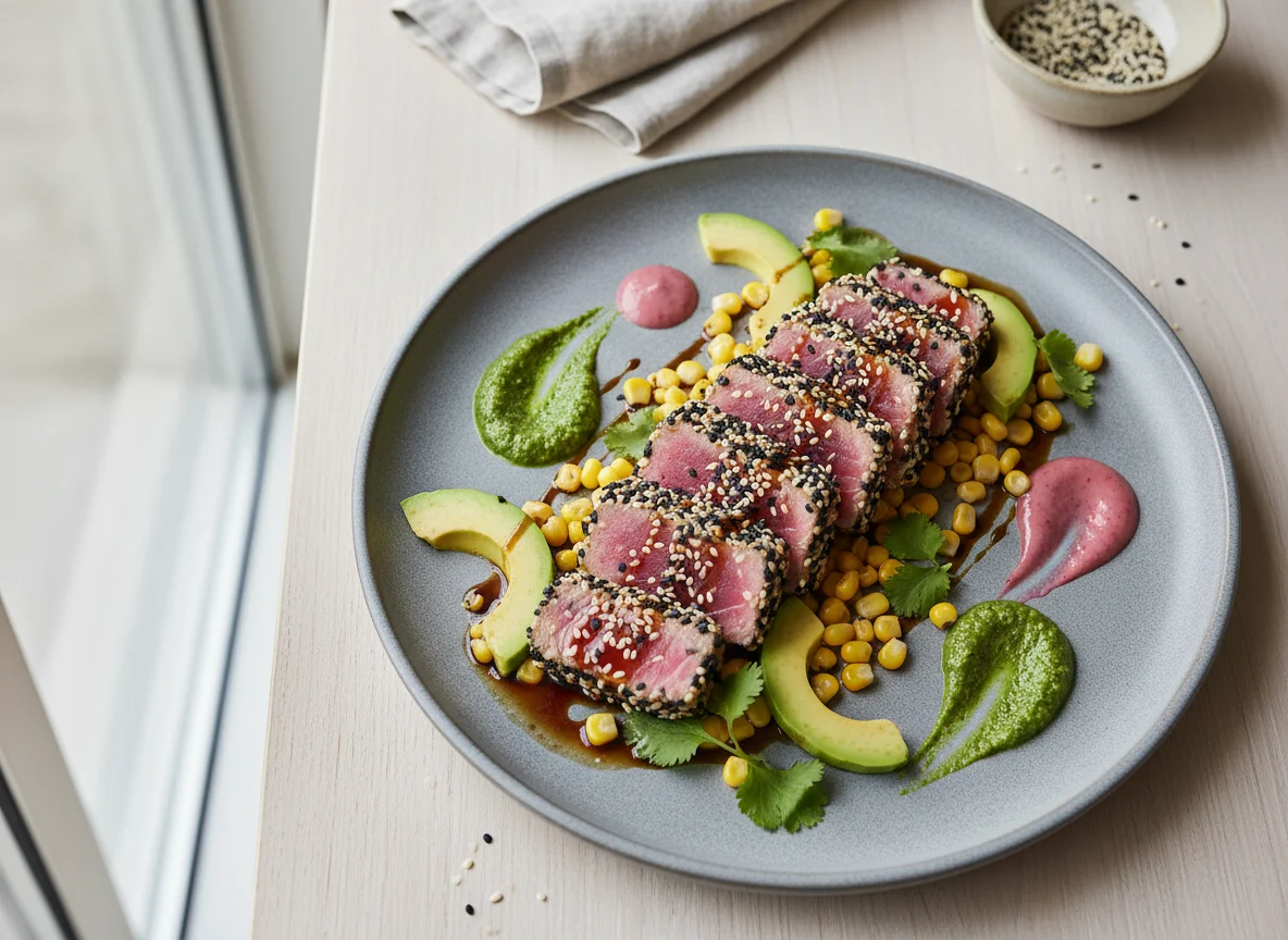 Тунец с кунжутом и овощами photo