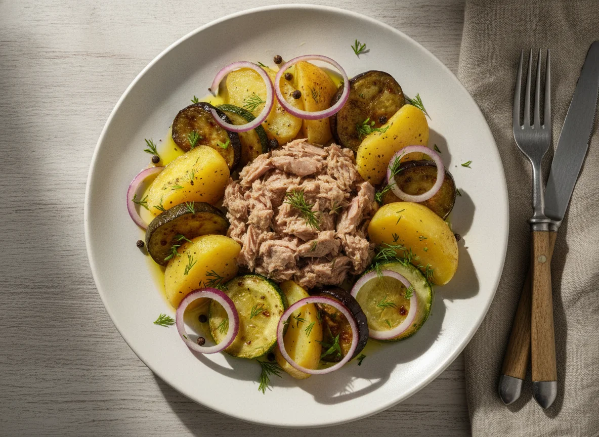 Тунец с овощами и картофелем photo