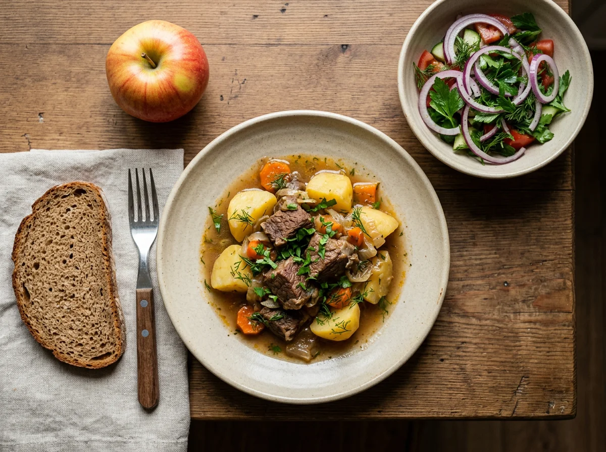 Турецкий обед с тушеным мясом и салатом photo