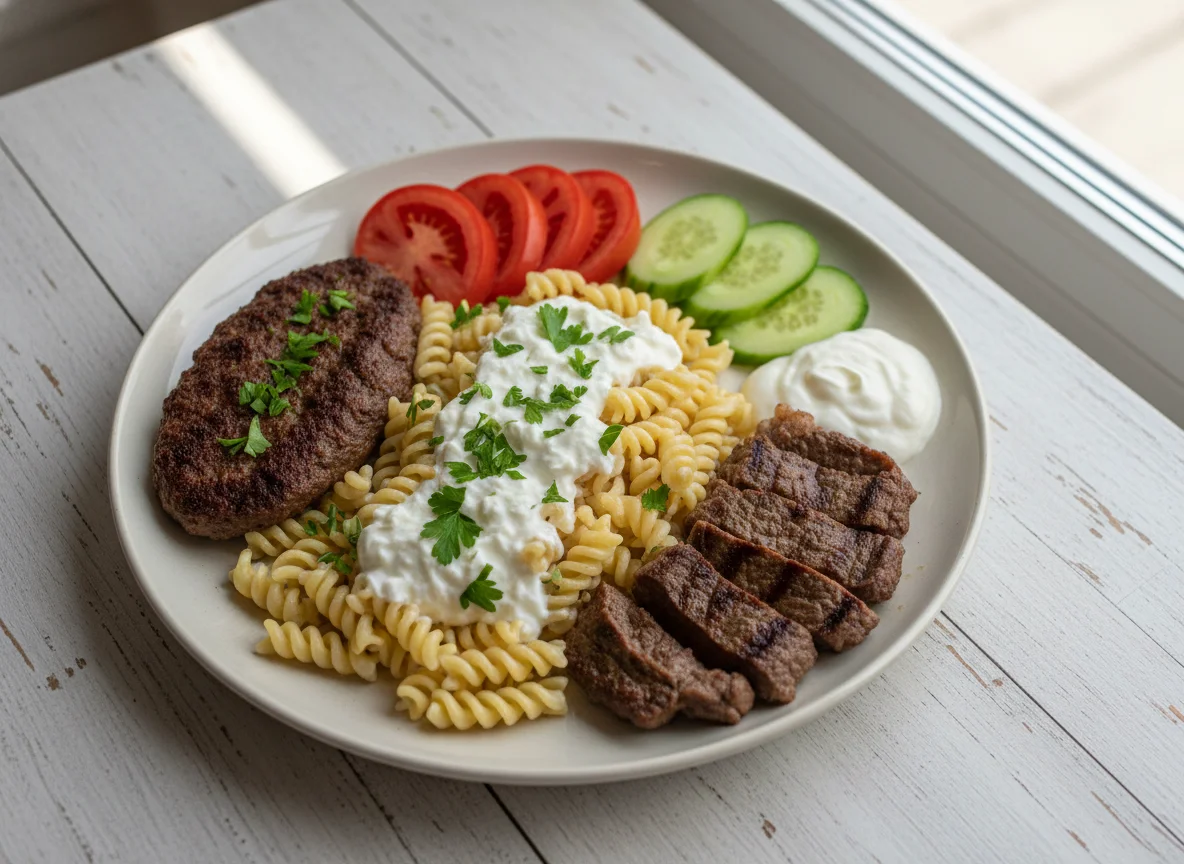 Турецкое блюдо с макаронами, котлетой и салатом photo