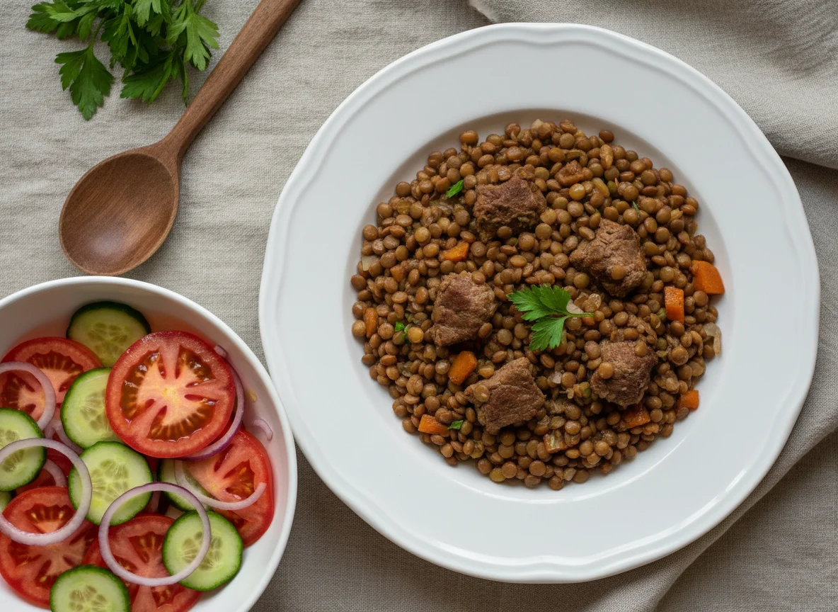 Тушеная чечевица с мясом и овощным салатом photo
