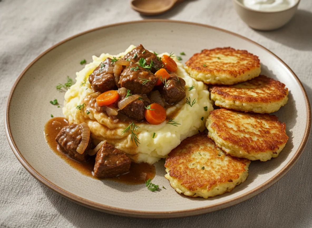 Тушеная говядина с картофельным пюре и драниками photo