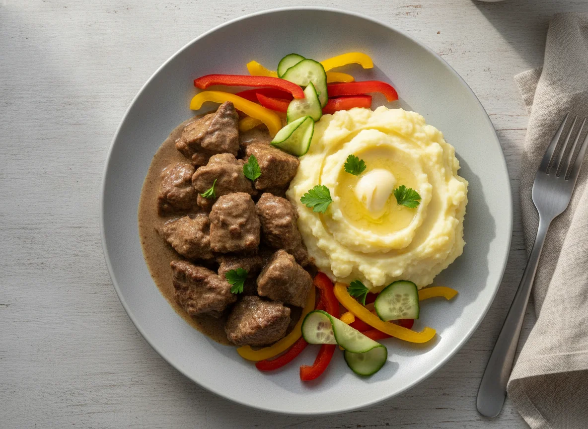 Тушеная говядина с картофельным пюре и овощами photo