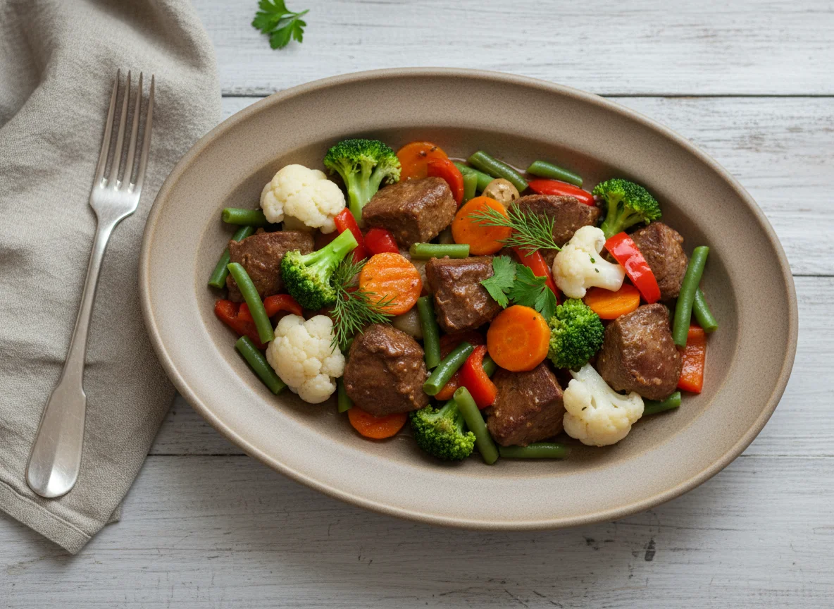 Тушеная говяжья печень с овощами photo