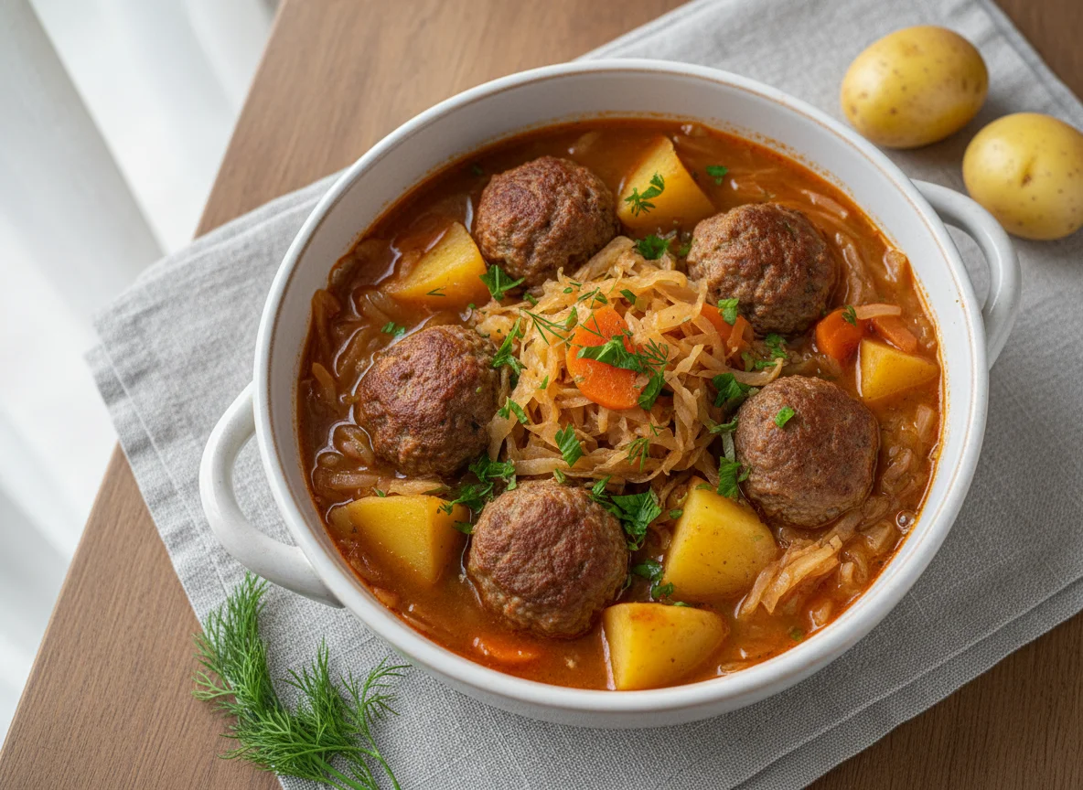 Тушеная капуста с картофелем и фрикадельками photo