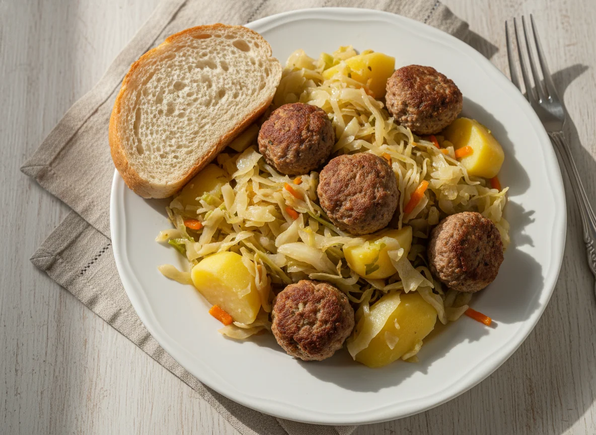Тушеная капуста с картофелем и фрикадельками с ломтиком белого хлеба photo