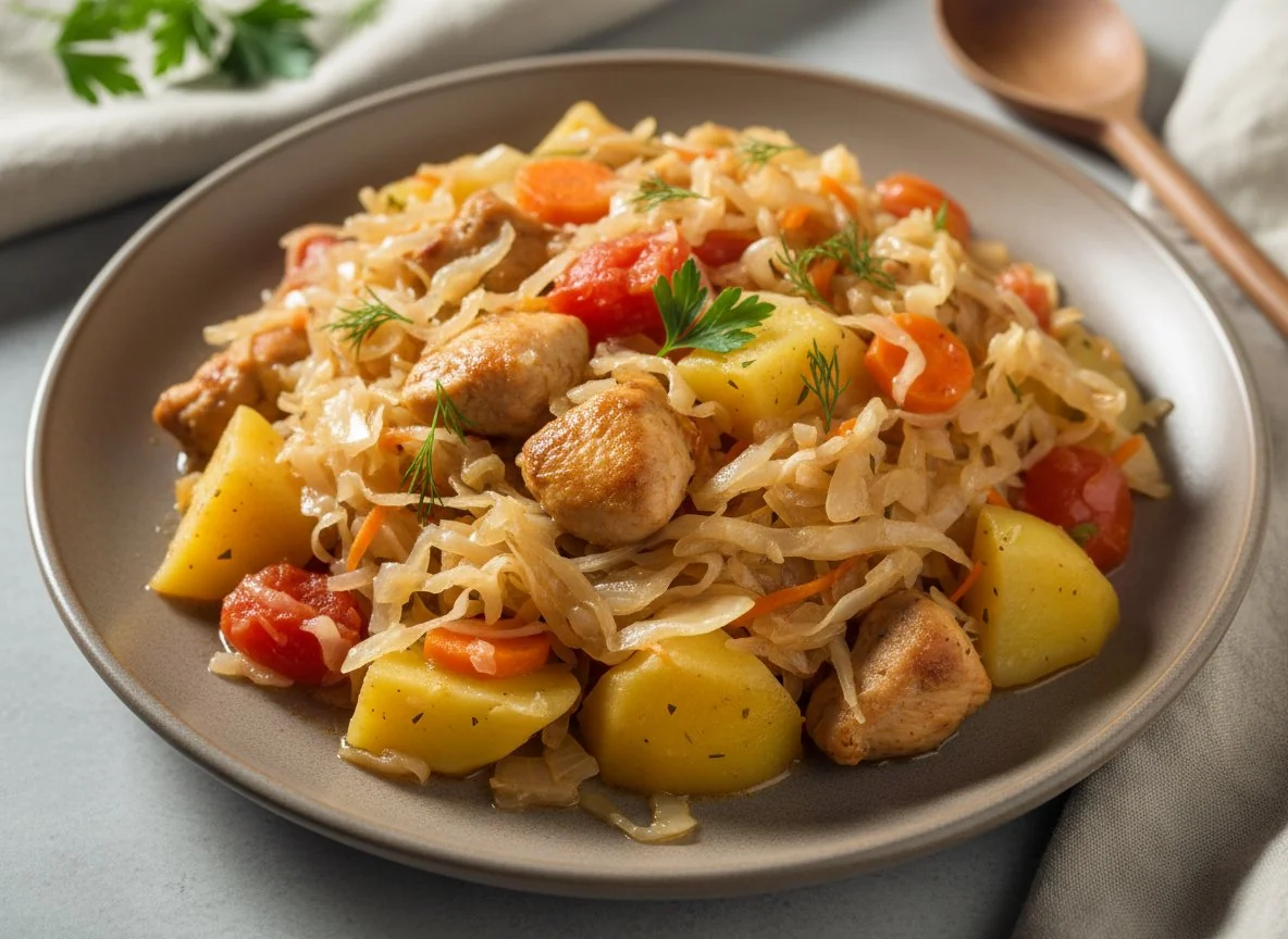 Тушеная капуста с картофелем и курицей photo