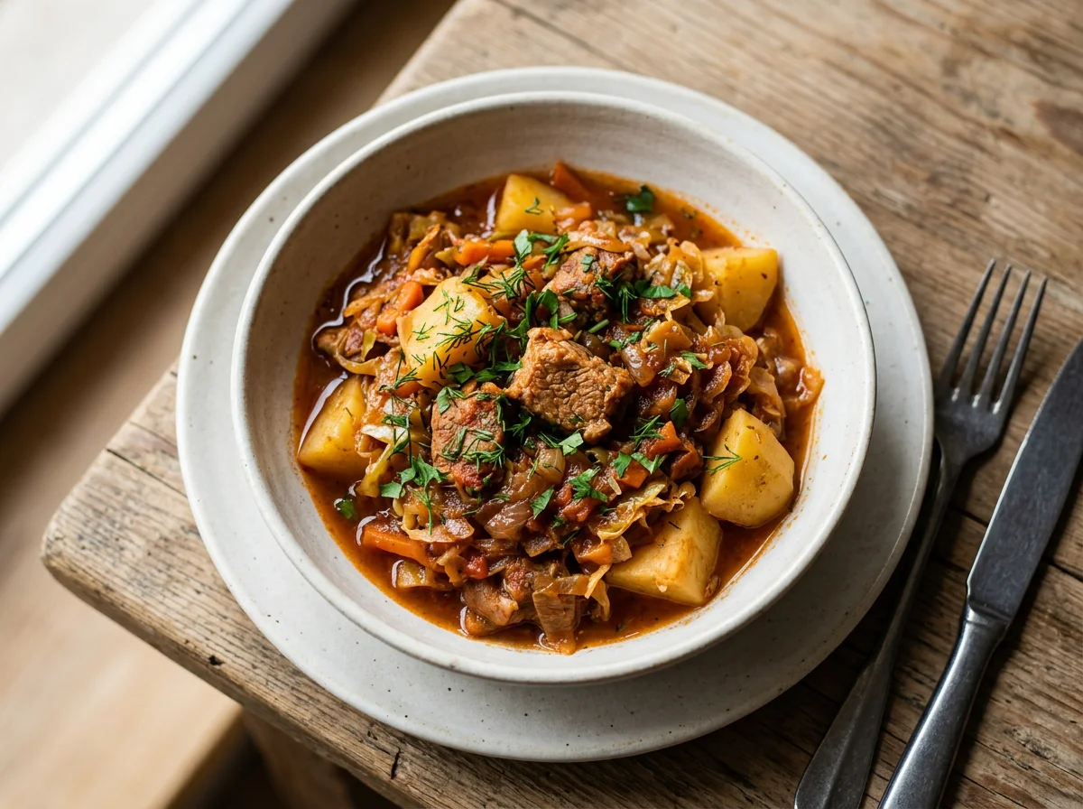 Тушеная капуста с картофелем и мясом photo