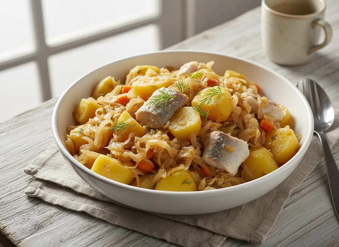 Тушеная капуста с картофелем и рыбой photo