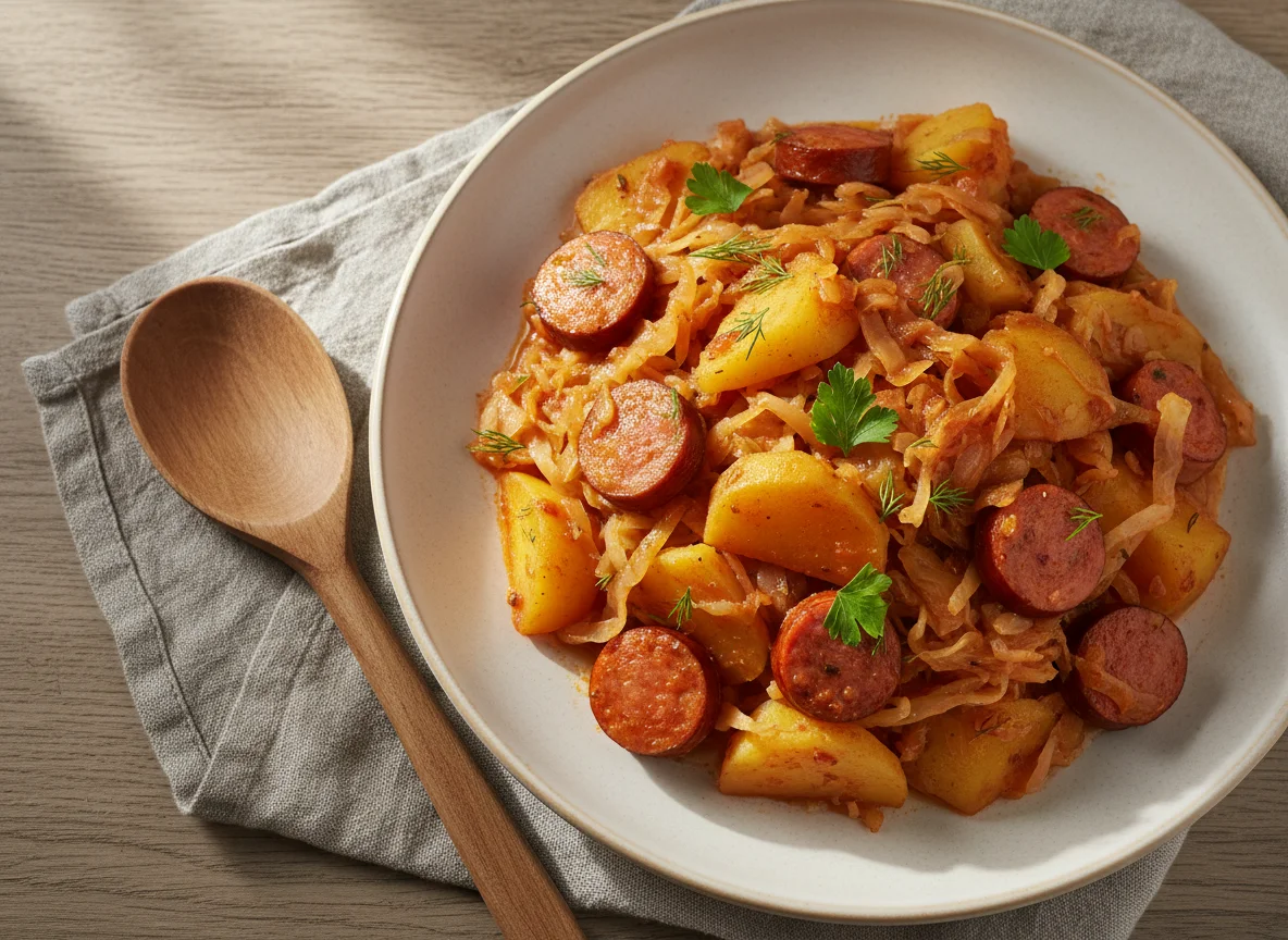 Тушеная капуста с картофелем и сосисками photo