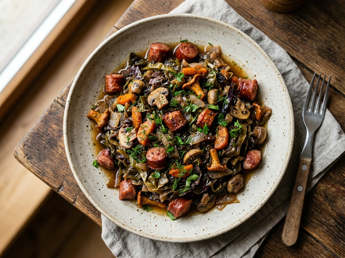 Тушеная капуста с колбасой и грибами photo