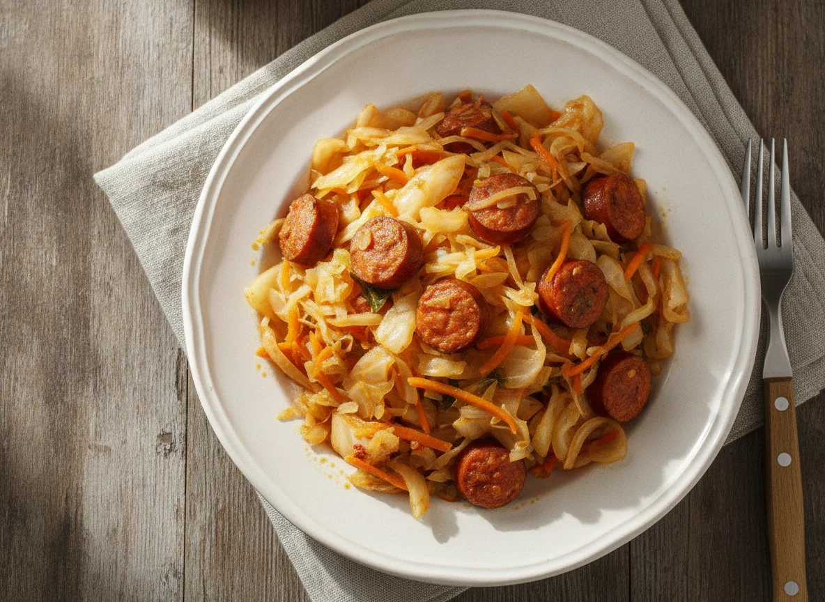 Тушеная капуста с колбасой и овощами photo