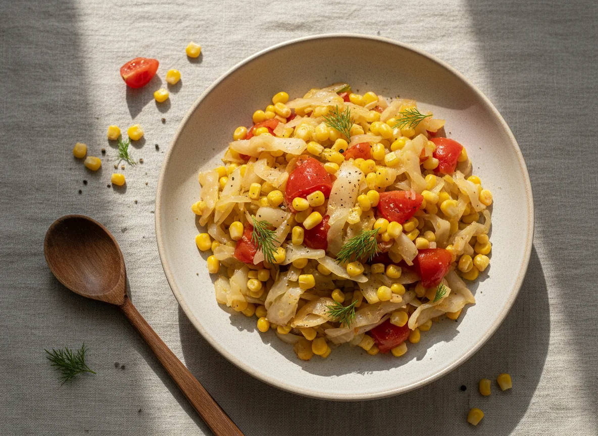 Тушеная капуста с кукурузой и помидорами photo