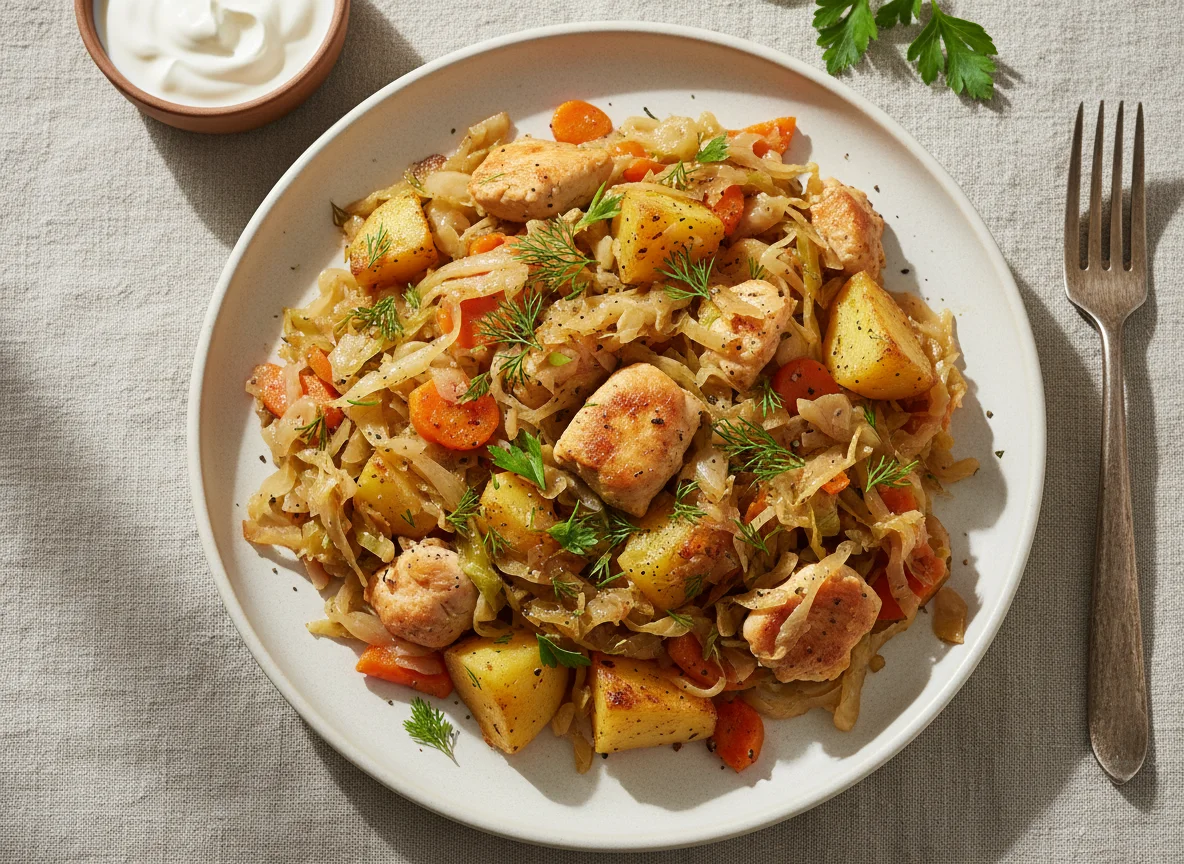 Тушеная капуста с курицей и картофелем photo