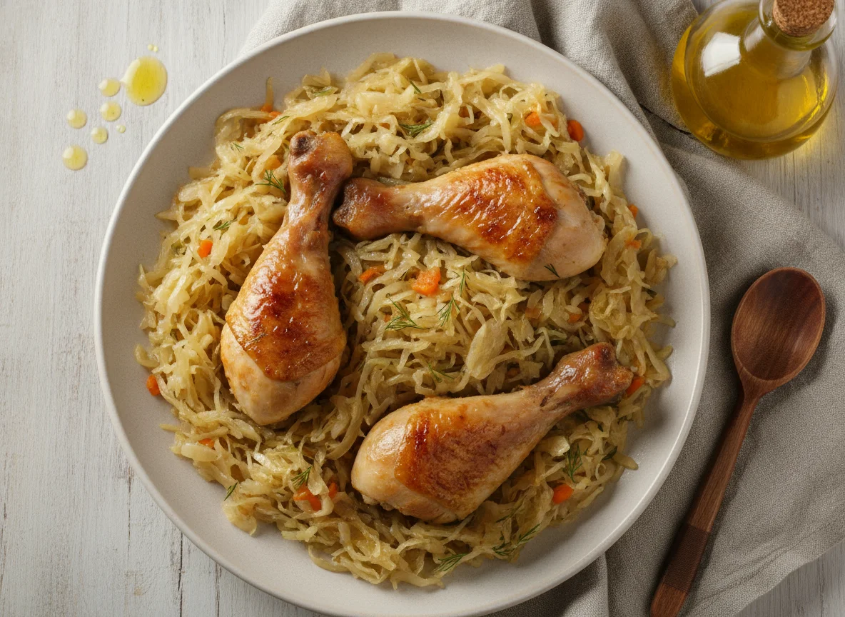 Тушеная капуста с куриной голенью photo