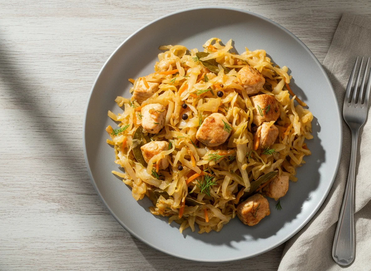 Тушеная капуста с куриной грудкой photo
